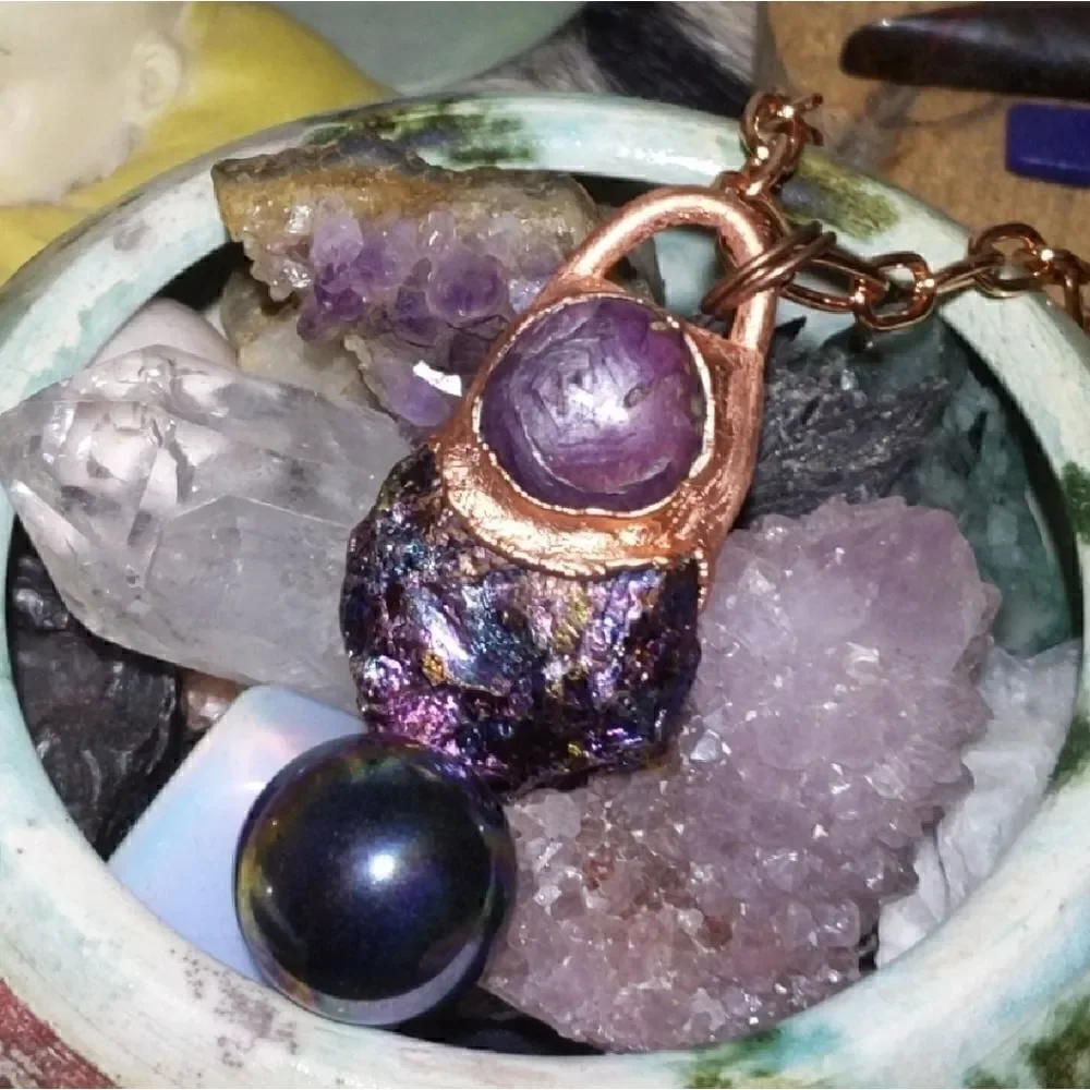 'Ameliana' Unakite Rune, Bornite & Ruby Necklace